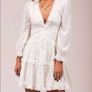 Mable Long Sleeve Ruffle Trim V-Neck A-Line Mini Dress White Womens Size Medium